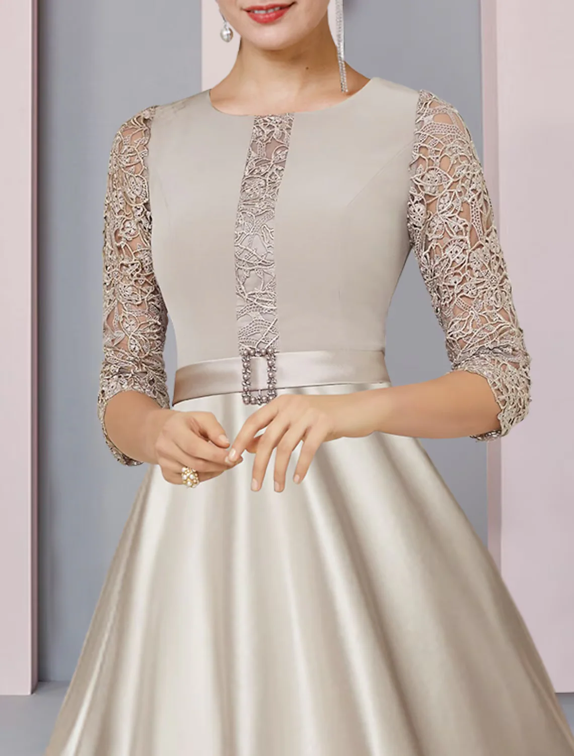 A-Line Mother of the Bride Dress Formal Wedding Guest Party Elegant Scoop Neck Satin Lace Half Sleeve with Crystal Brooch - TREBLEV