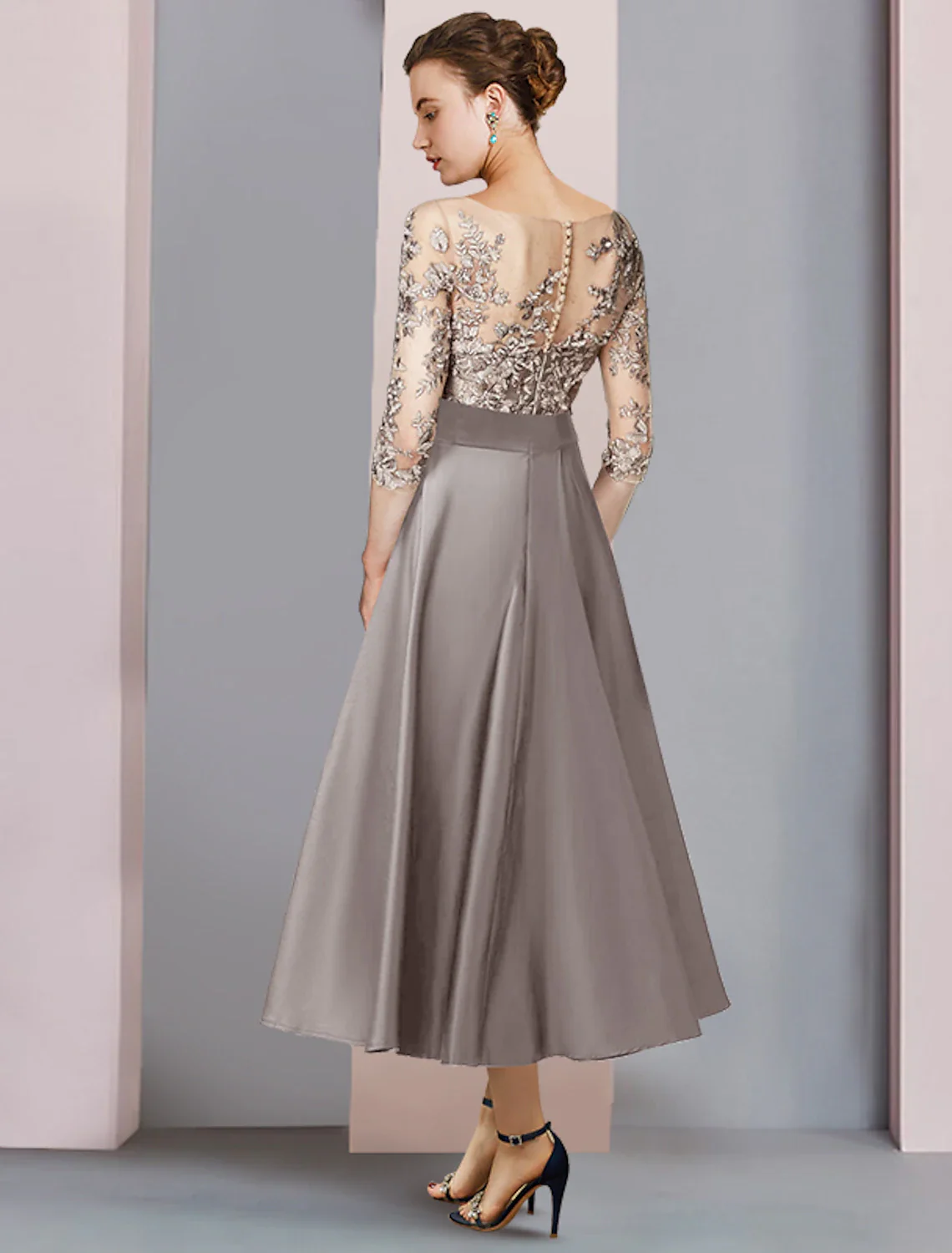 A-Line Mother of the Bride Dress Wedding Guest Party Elegant Scoop Neck Tea Length Satin Lace Half Sleeve with Bow(s) Appliques - TREBLEV