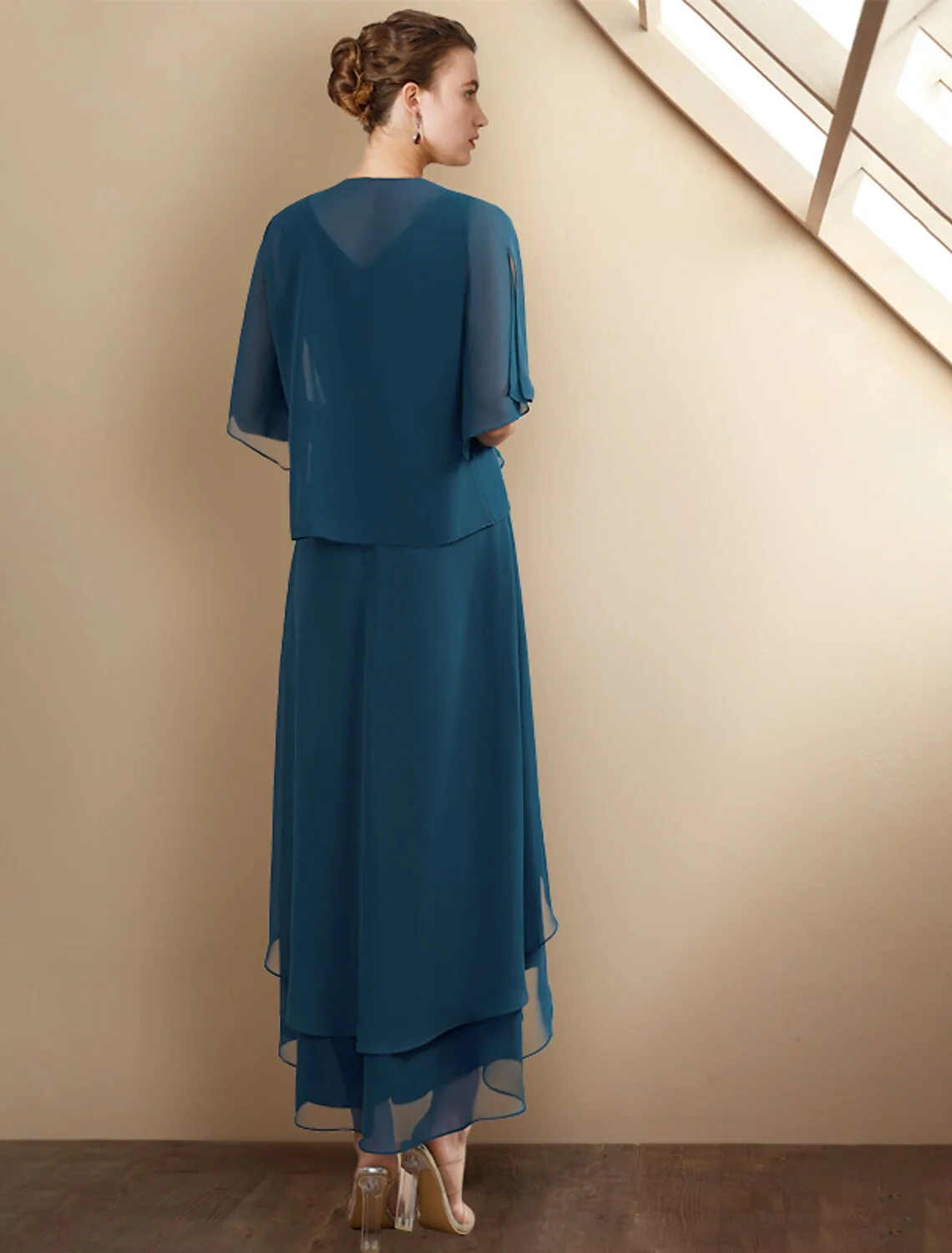 A-Line Mother of the Bride Dress Elegant High Low V Neck Asymmetrical Chiffon Sleeveless Wrap Included with Beading Cascading Ruffles Side-Draped - TREBLEV