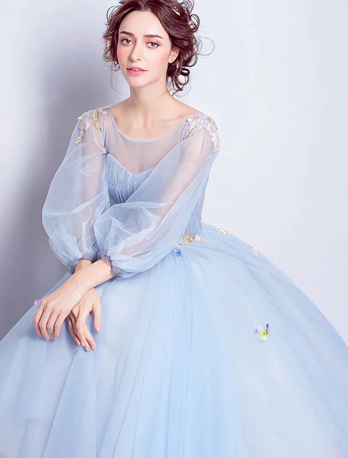 Puffy Quinceanera Engagement Dress Length Sleeve Floor Length Tulle leats - TREBLEV