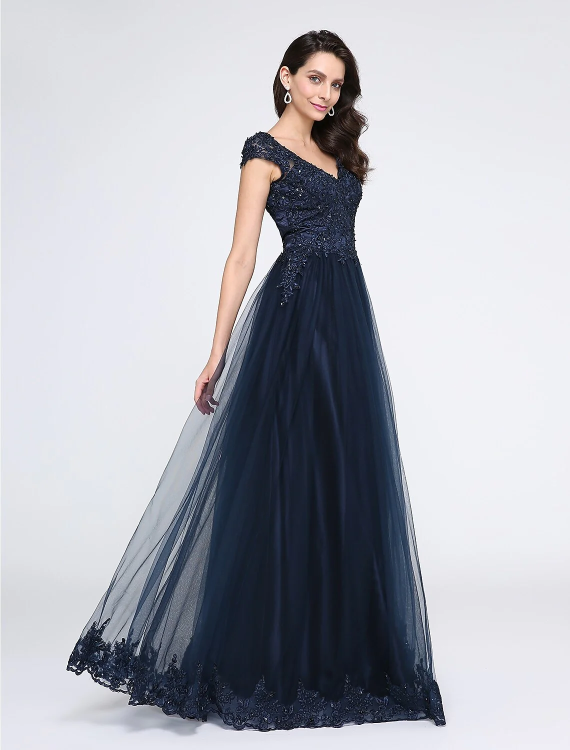 A-Line Little Black Dress Dress Wedding Guest Floor Length Sleeveless V Neck Tulle with Appliques - TREBLEV