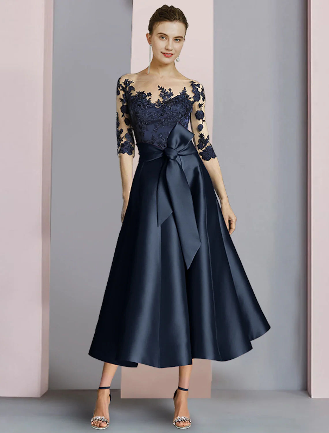Sheath / Column Mother of the Bride Dress Fall Wedding Guest Party Elegant Scoop Neck Ankle Length Satin Lace Half Sleeve with Bow(s) Pleats - TREBLEV