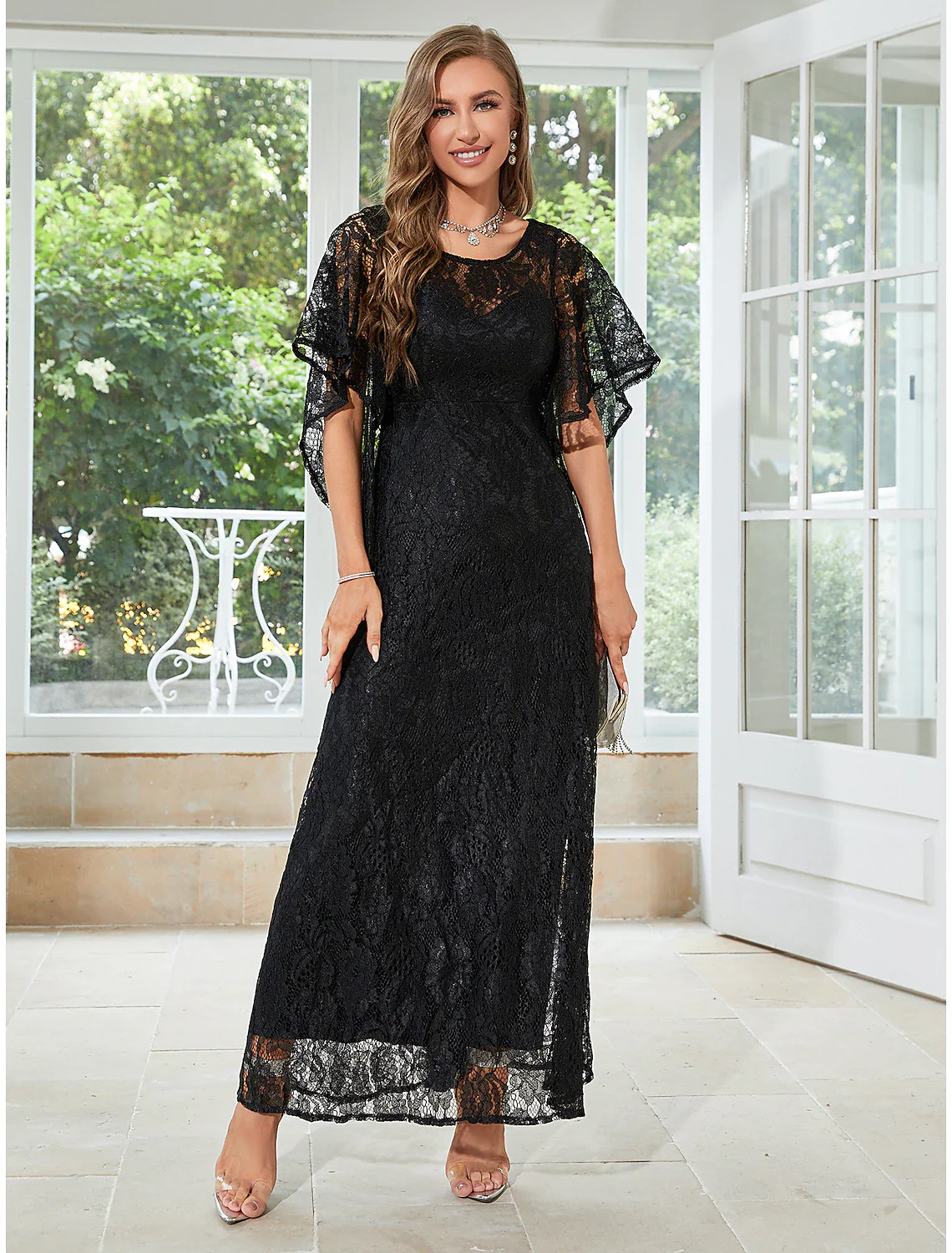 A-Line Wedding Guest Dresses Elegant Dress Party Wear Ankle Length Half Sleeve Jewel Neck Lace with Ruffles Appliques - TREBLEV