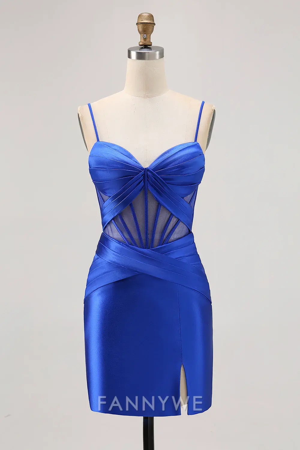 FannyWe Elegant Royal Blue Satin Tight Ruched Corset Short Homecoming Dress with Slit formal wear dresses - TREBLEV