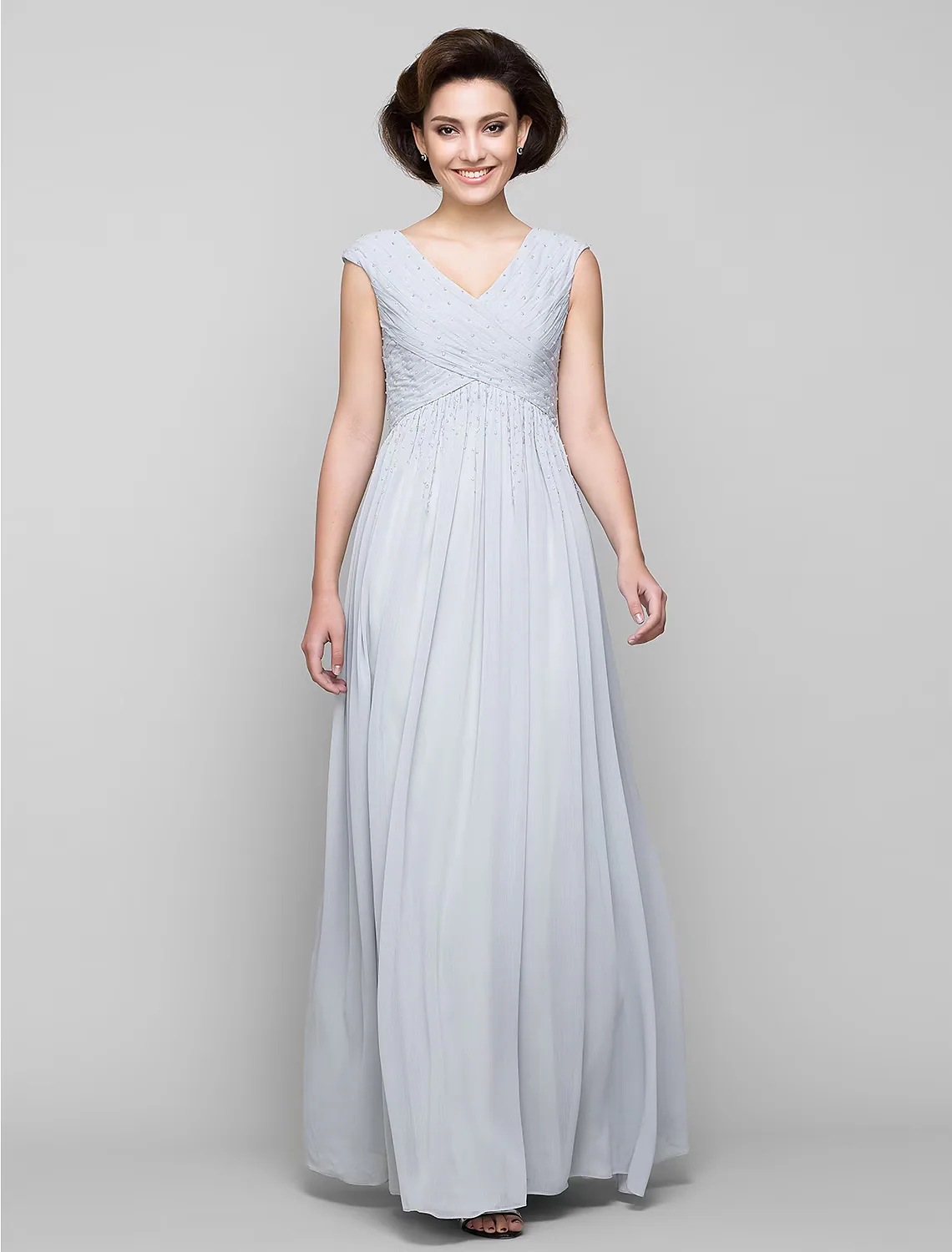 A-Line Mother of the Bride Dress Elegant V Neck Floor Length Chiffon Sleeveless with Cross Beading - TREBLEV