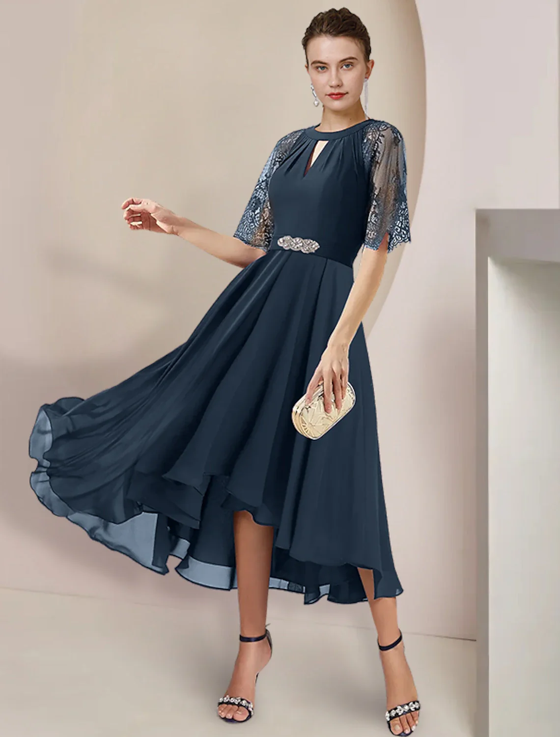A-Line Mother of the Bride Dress Formal Wedding Guest Party Elegant High Low Scoop Neck Tea Length Chiffon Lace 3/4 Length Sleeve with Pleats Crystal Brooch - TREBLEV