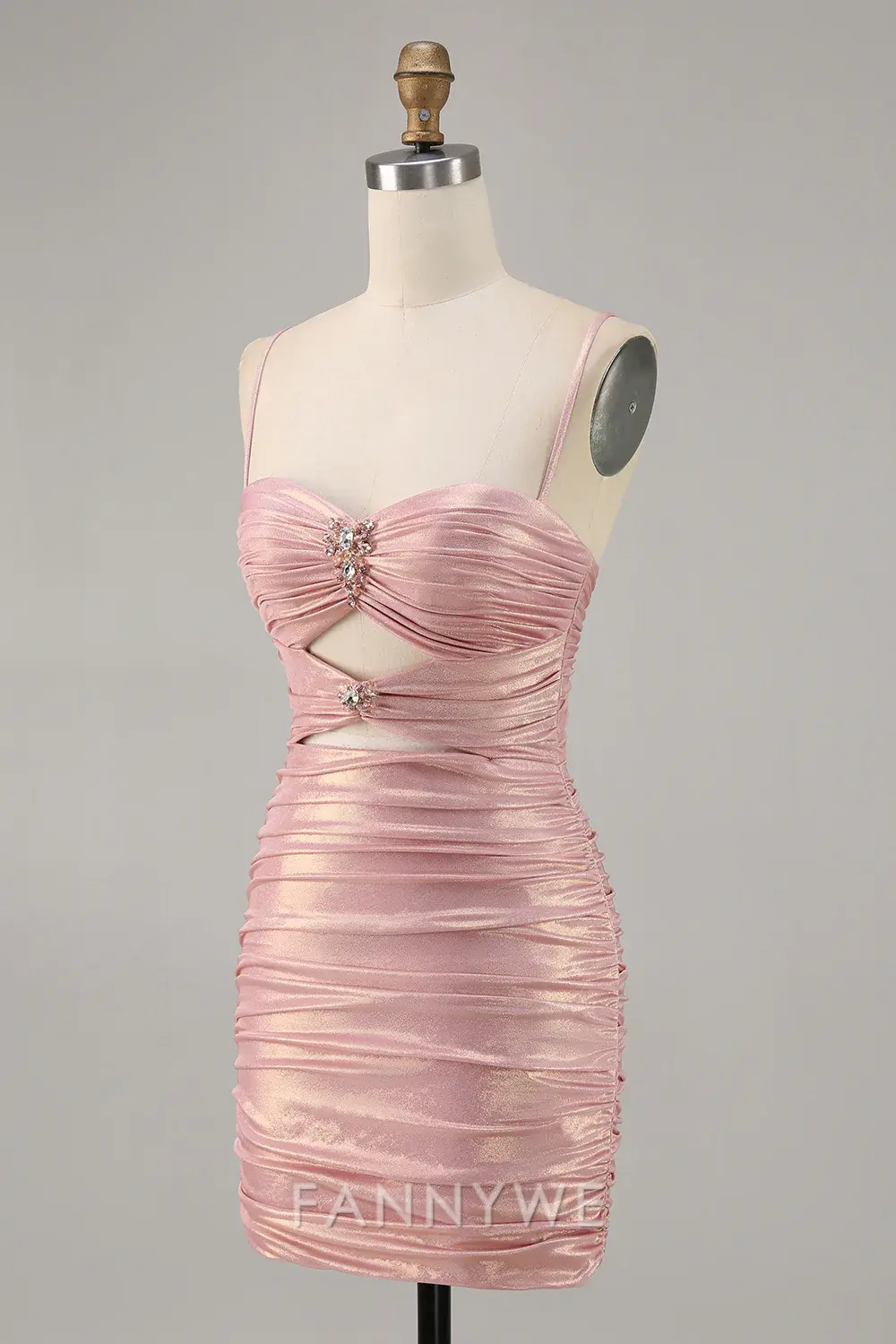FannyWe Elegant Blush Metallic Spaghetti Straps Cut Out Tight Short Homecoming Dress - TREBLEV