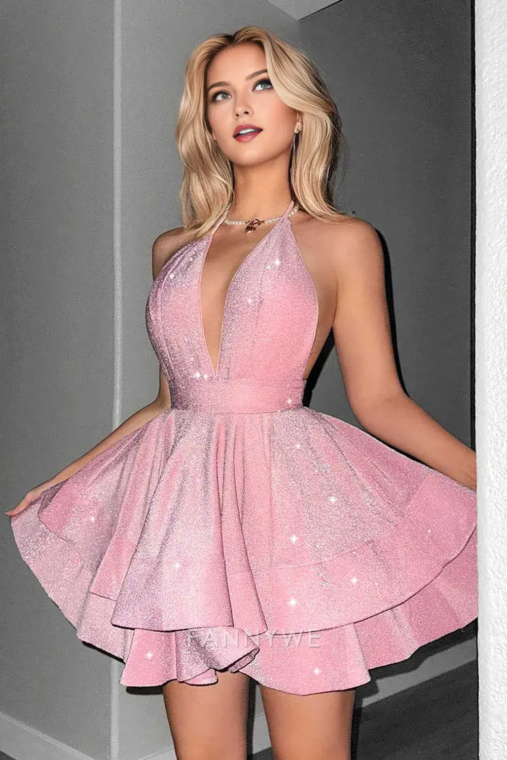 FannyWe Elegant Glitter Pink Halter Tiered A Line Short Homecoming Dress hot sale - TREBLEV