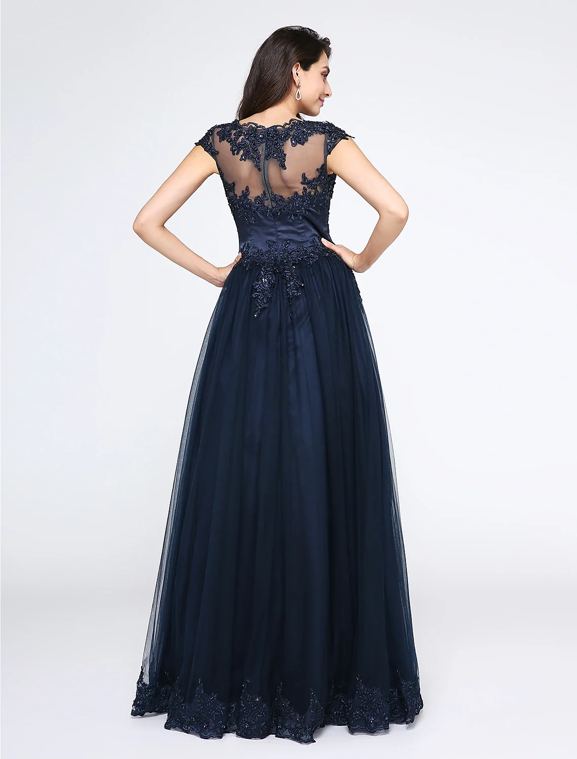 A-Line Little Black Dress Dress Wedding Guest Floor Length Sleeveless V Neck Tulle with Appliques - TREBLEV