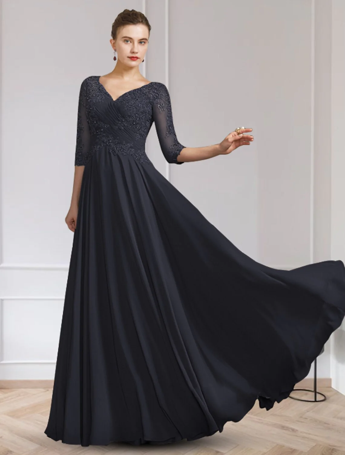 A-Line Mother of the Bride Dress Elegant V Neck Floor Length Chiffon Lace Half Sleeve with Appliques - TREBLEV