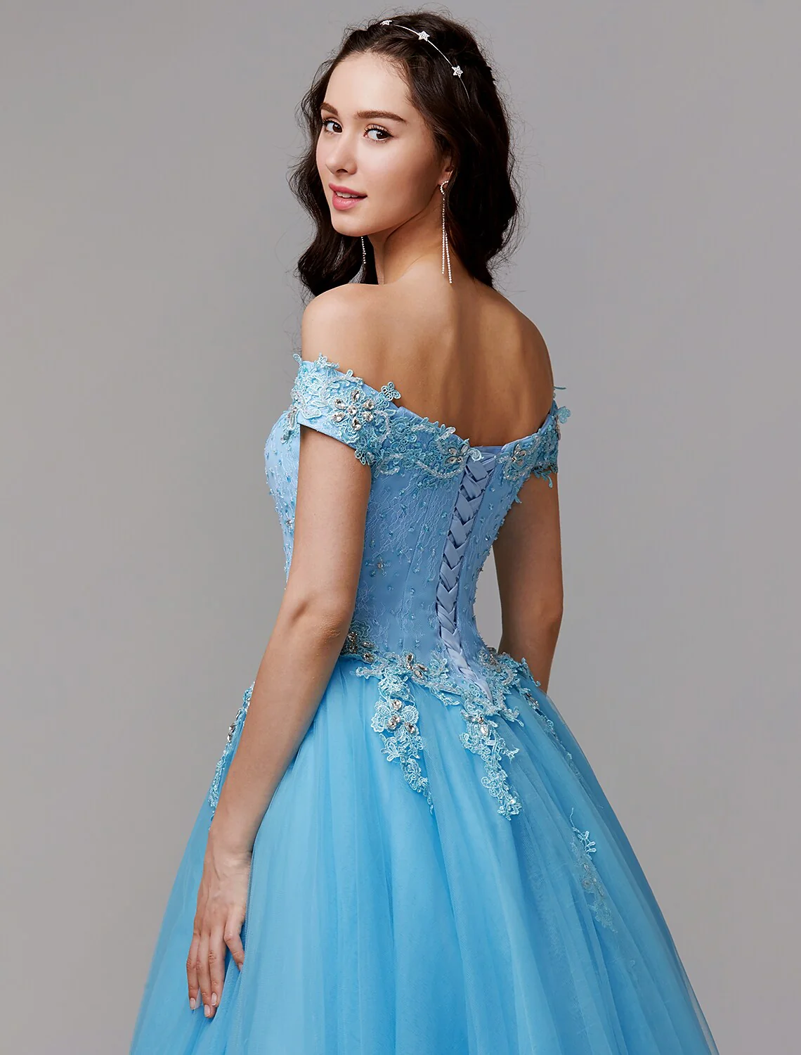 Vintage Dress Evening Floor Length Sleeveless Off Shoulder Lace Appliques - TREBLEV