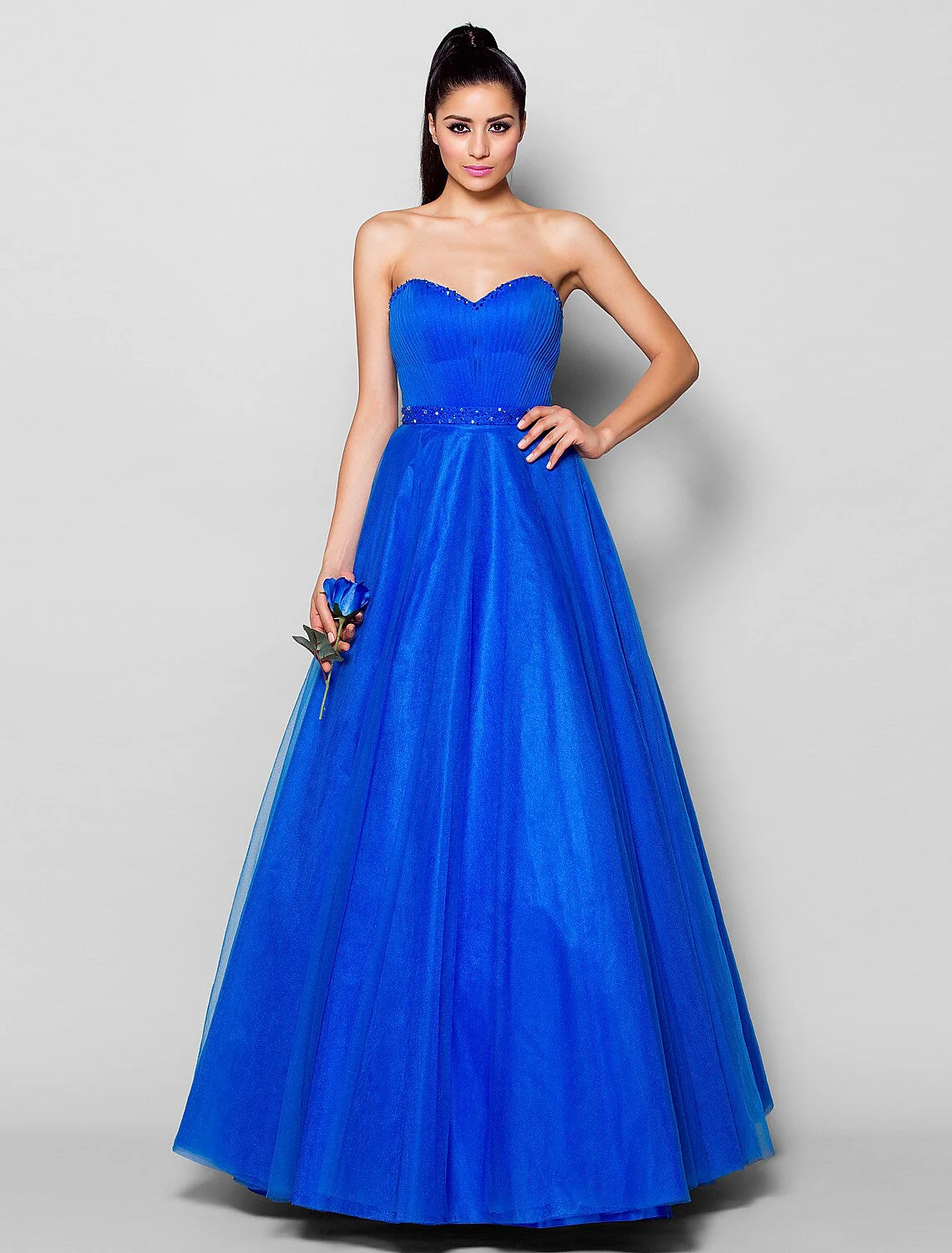 Lace Up Dress Formal Evening Floor Length Sleeveless Tulle Beading - TREBLEV