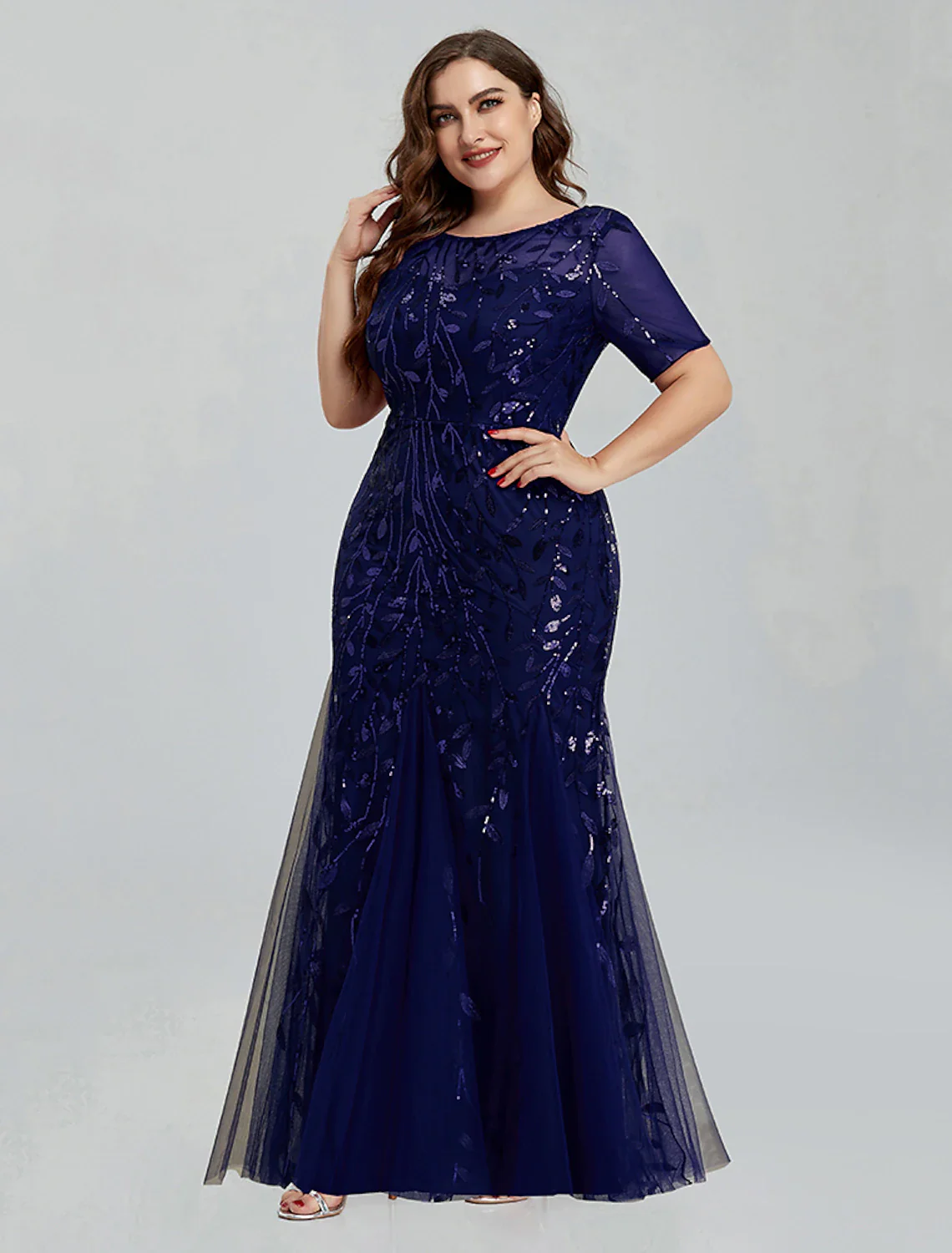 Mermaid / Trumpet Evening Gown Empire Dress Homecoming Floor Length Short Sleeve Jewel Neck Tulle with Embroidery - TREBLEV