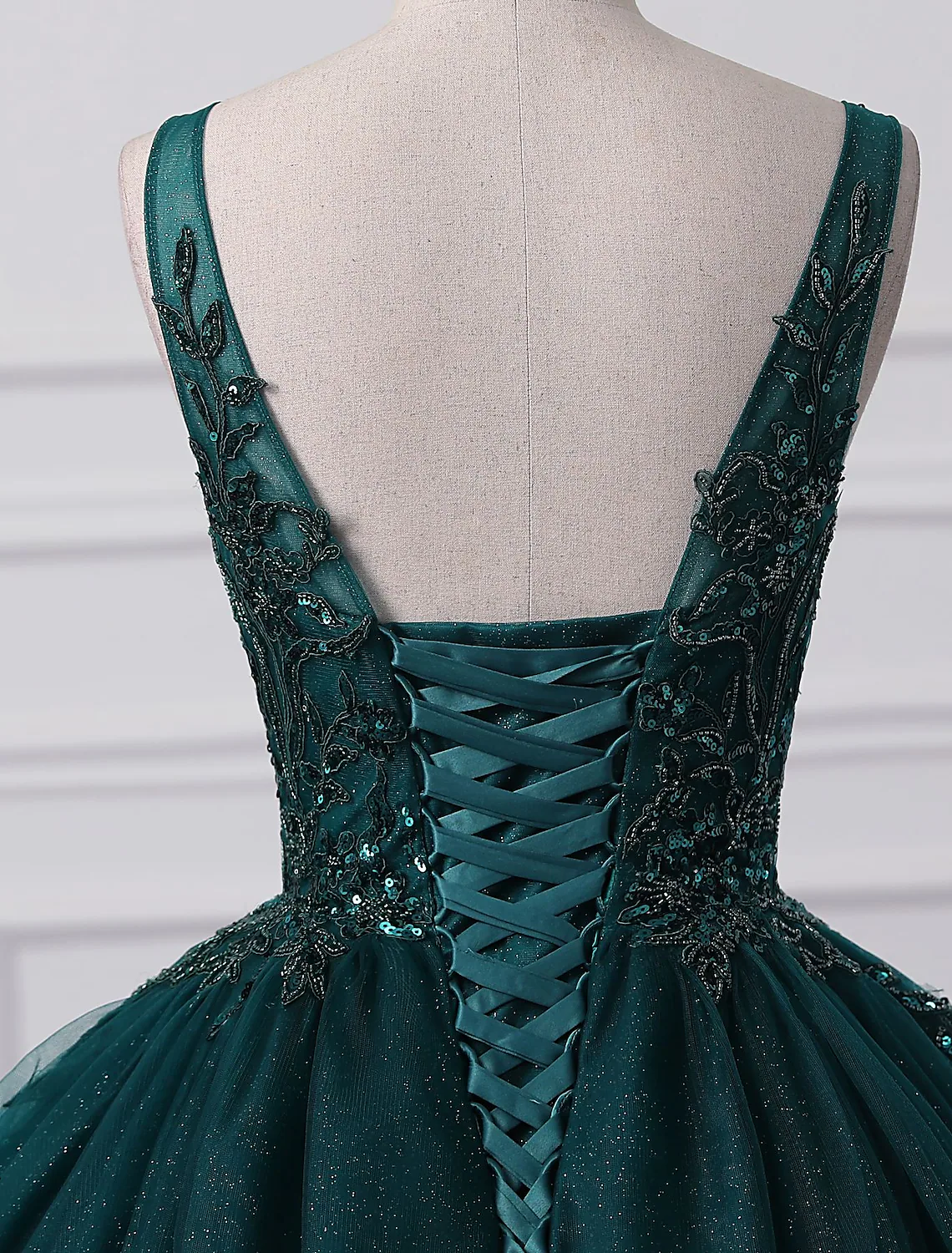 Prom Dresses Sparkle Shine Dress Quinceanera Floor Length Sleeveless V Neck Tulle with Sequin Appliques - TREBLEV