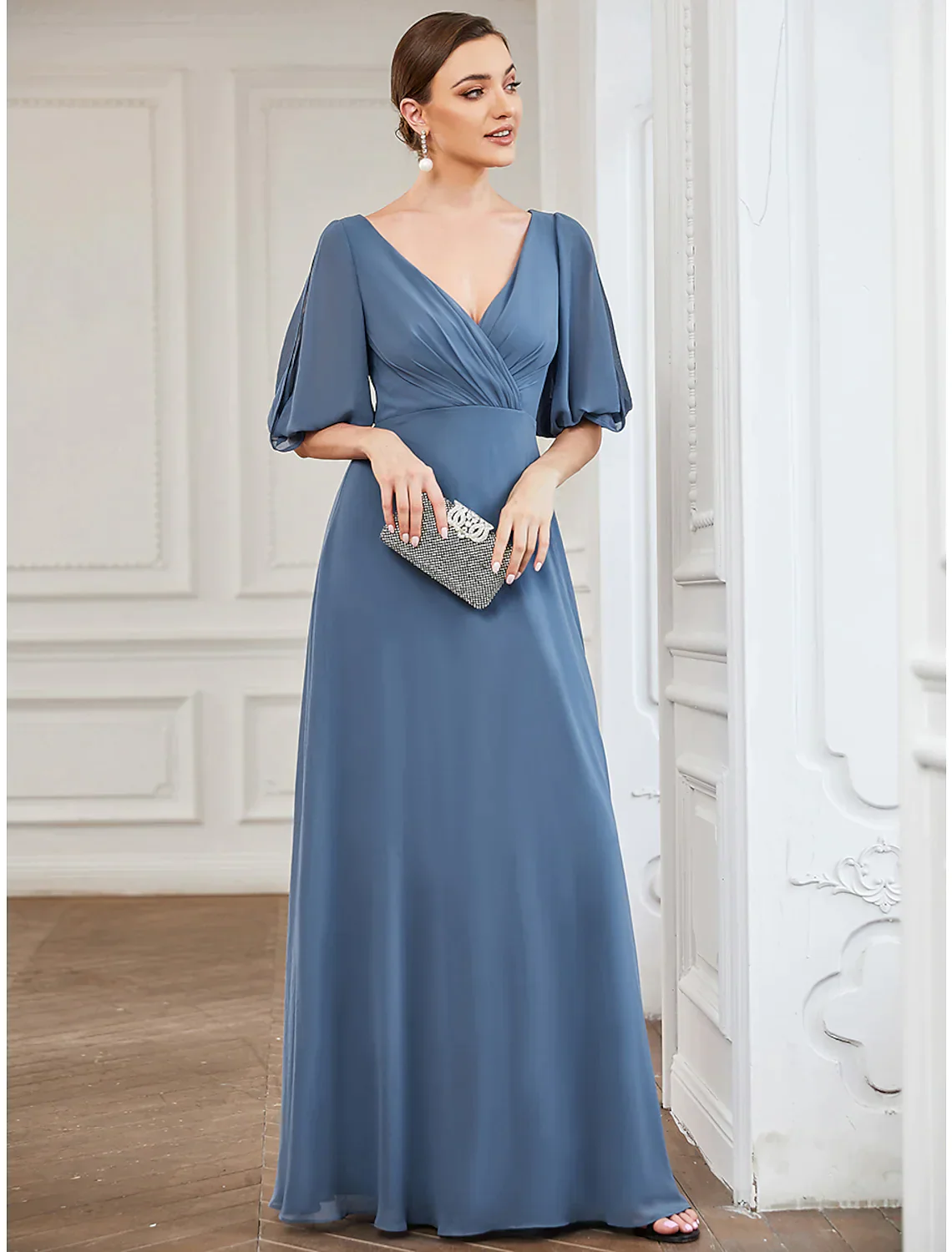 A-Line Evening Gown Dress Wedding Guest Floor Length Half Sleeve V Neck Chiffon with Pleats - TREBLEV