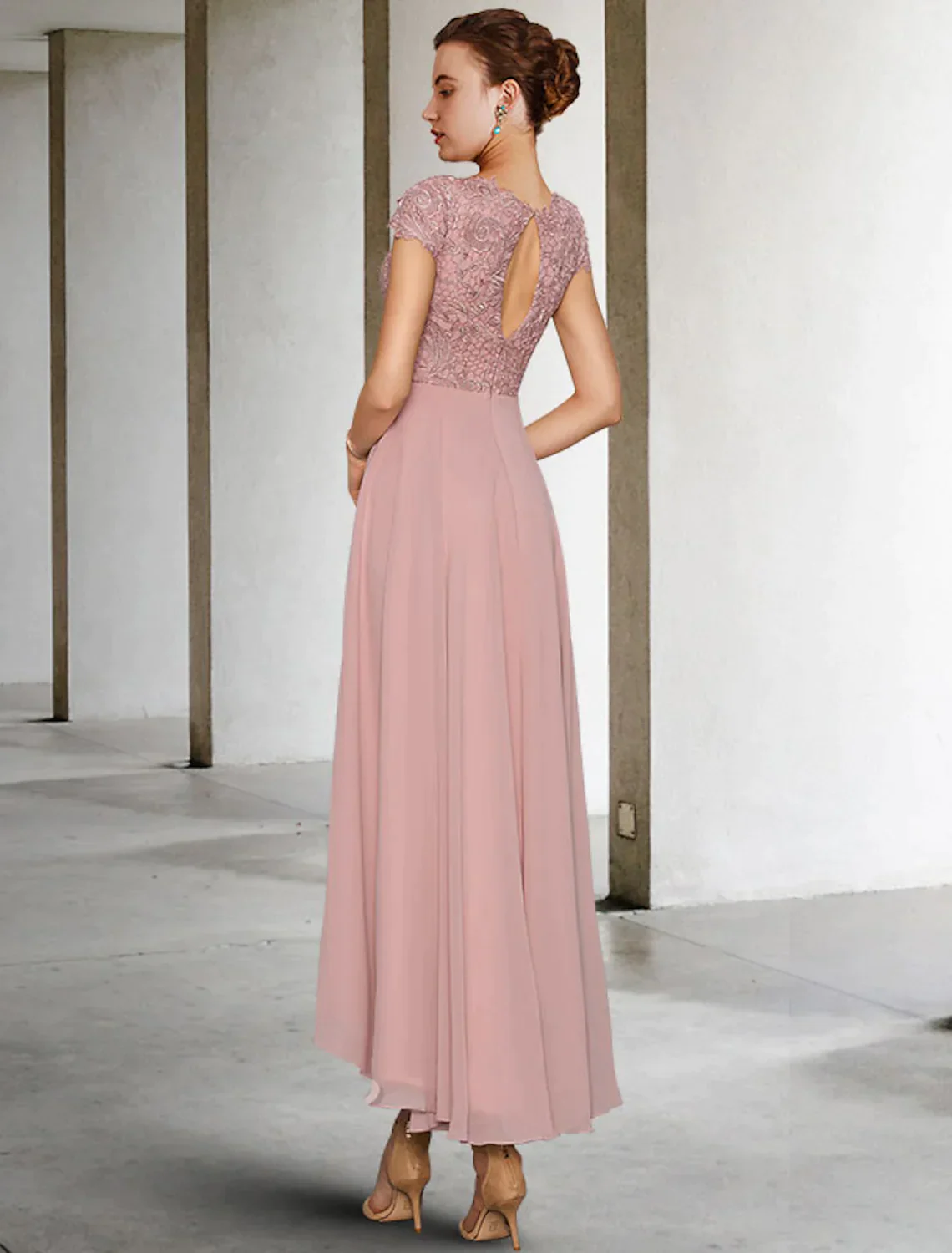 A-Line Mother of the Bride Dress Elegant Asymmetrical Chiffon Lace Sleeve Ruching - TREBLEV