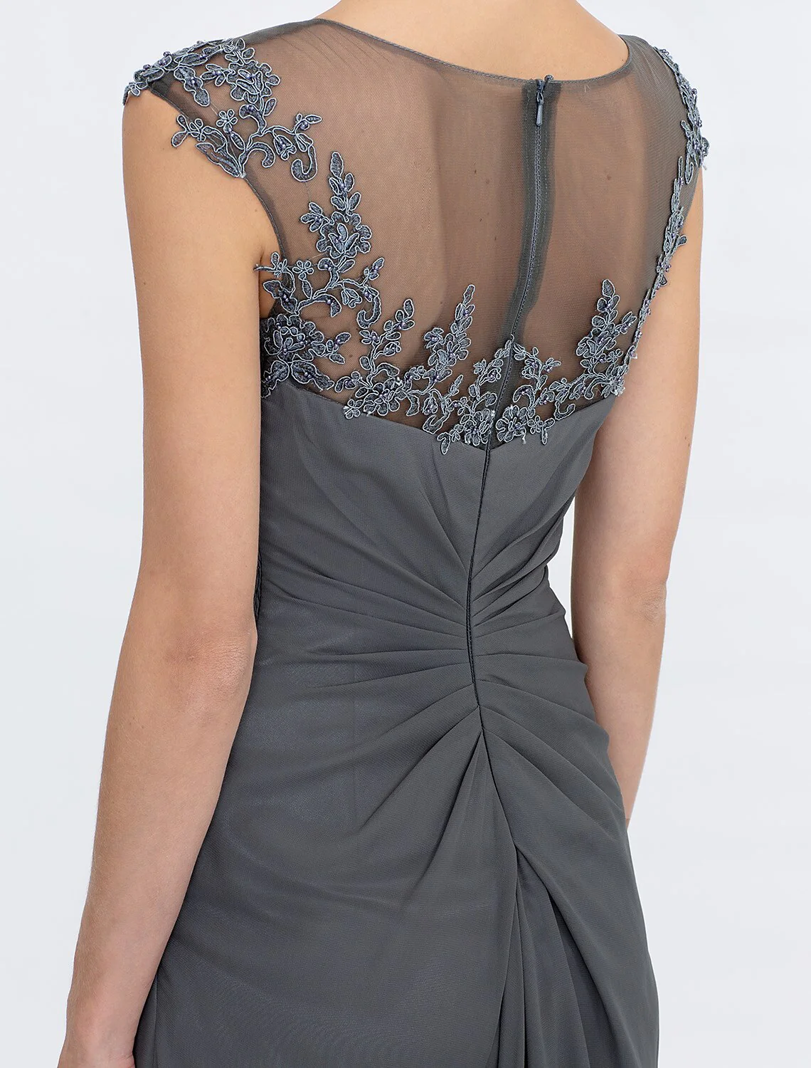 A-Line Mother of the Bride Dress Elegant See Through Bateau Neck Floor Length Chiffon Lace Sleeveless with Side Draping - TREBLEV