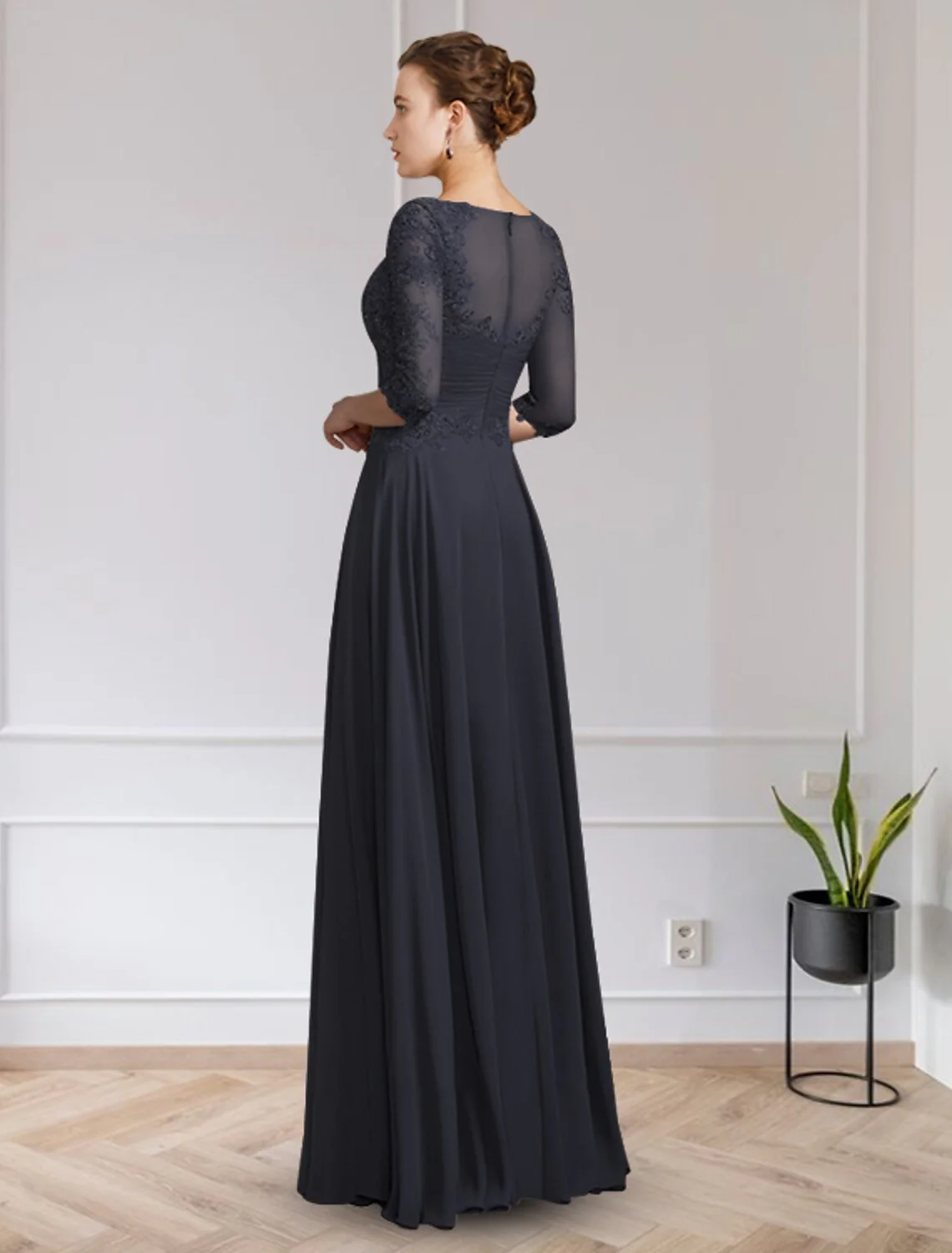 A-Line Mother of the Bride Dress Elegant V Neck Floor Length Chiffon Lace Half Sleeve with Appliques - TREBLEV