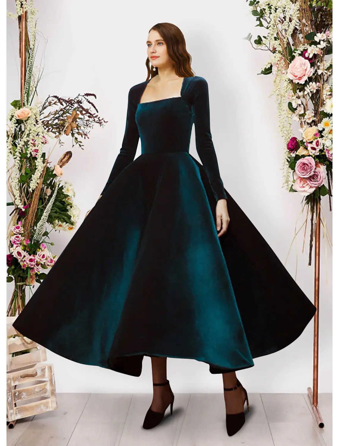 Ball Gown Evening Gown Vintage Dress Prom Ankle Length Long Sleeve Square Neck Velvet - TREBLEV