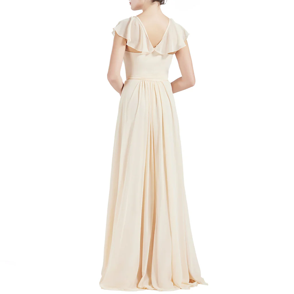 V Neck Ruffle Cap Sleeves Long Bridesmaid Dresses - TREBLEV