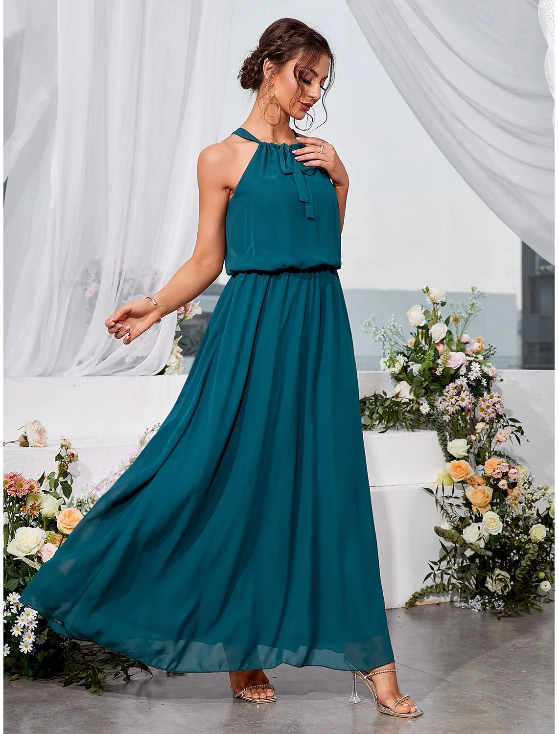 A-Line Wedding Guest Dresses Elegant Dress Holiday Ankle Length Sleeveless Halter Lace with Strappy - TREBLEV