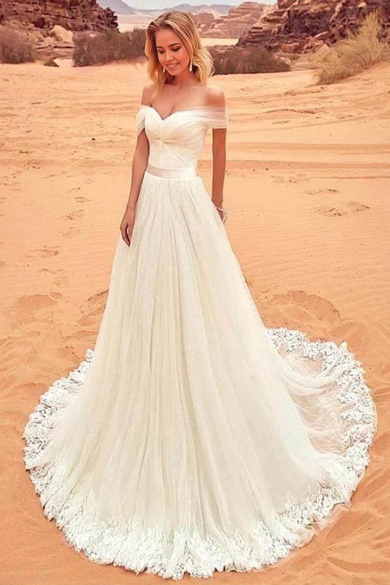 Beach A-line Off The Shoulder Tulle Appliques Long Wedding Dress - TREBLEV