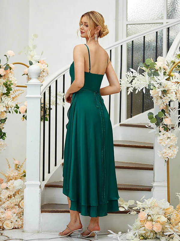 A-Line/Princess Satin Chiffon Ruched V-neck Sleeveless Asymmetrical Bridesmaid Dresses - TREBLEV