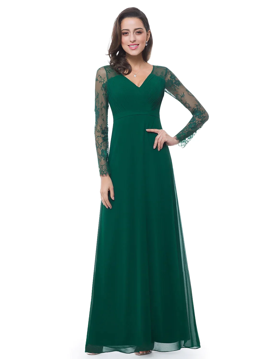 A-Line Evening Gown Elegant Dress Wedding Guest Floor Length Long Sleeve V Neck Chiffon Ribbon Ruched Lace - TREBLEV