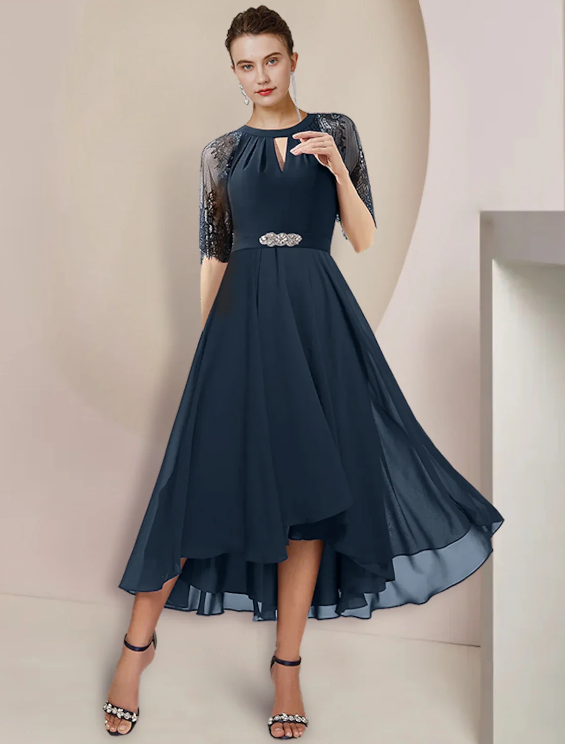 A-Line Mother of the Bride Dress Formal Wedding Guest Party Elegant High Low Scoop Neck Tea Length Chiffon Lace 3/4 Length Sleeve with Pleats Crystal Brooch - TREBLEV