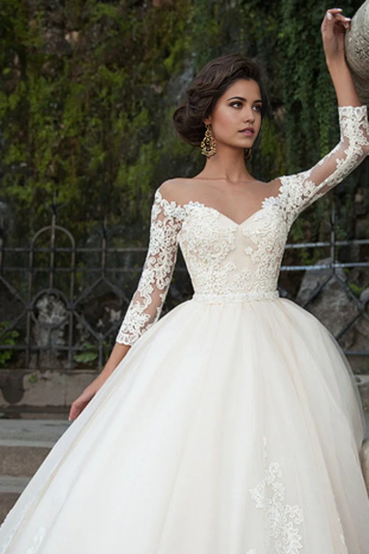 A-line Bateau 3/4 Length Sleeve Ball Gown Bride Dresses Wedding Dresses With Applique Tulle - TREBLEV