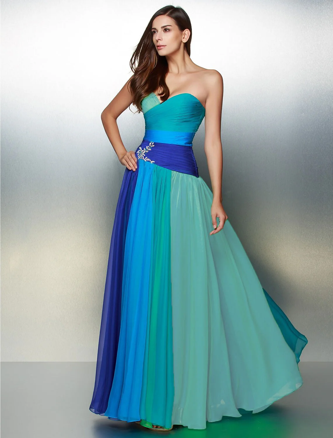 A-Line Color Block Dress Wedding Guest Floor Length Sleeveless Sweetheart Chiffon Backless with Ruched Crystals - TREBLEV