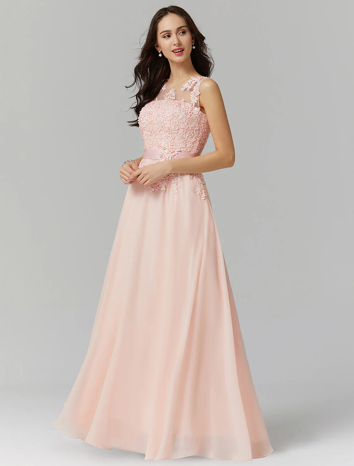 A-Line Evening Gown High Waisted Prom Dress Bridesmaid Wedding Guest Chiffon Floor Length Sleeveless Illusion Neck Georgette with Appliques - TREBLEV