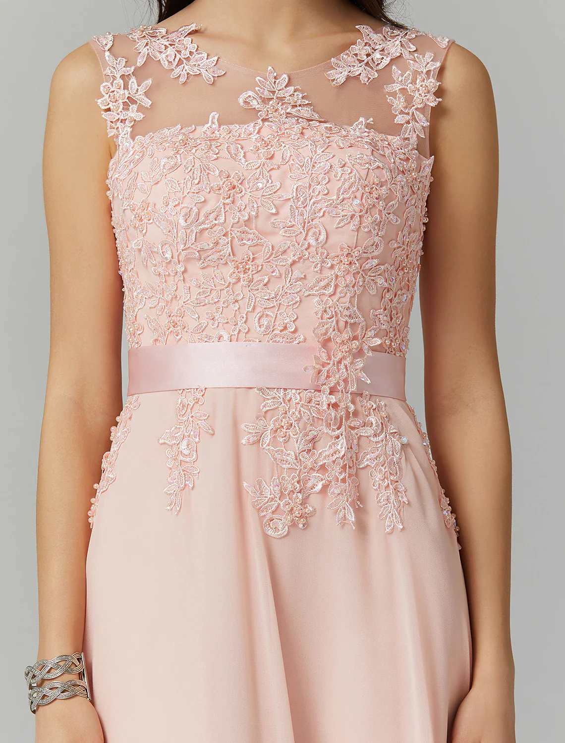 A-Line Evening Gown High Waisted Prom Dress Bridesmaid Wedding Guest Chiffon Floor Length Sleeveless Illusion Neck Georgette with Appliques - TREBLEV