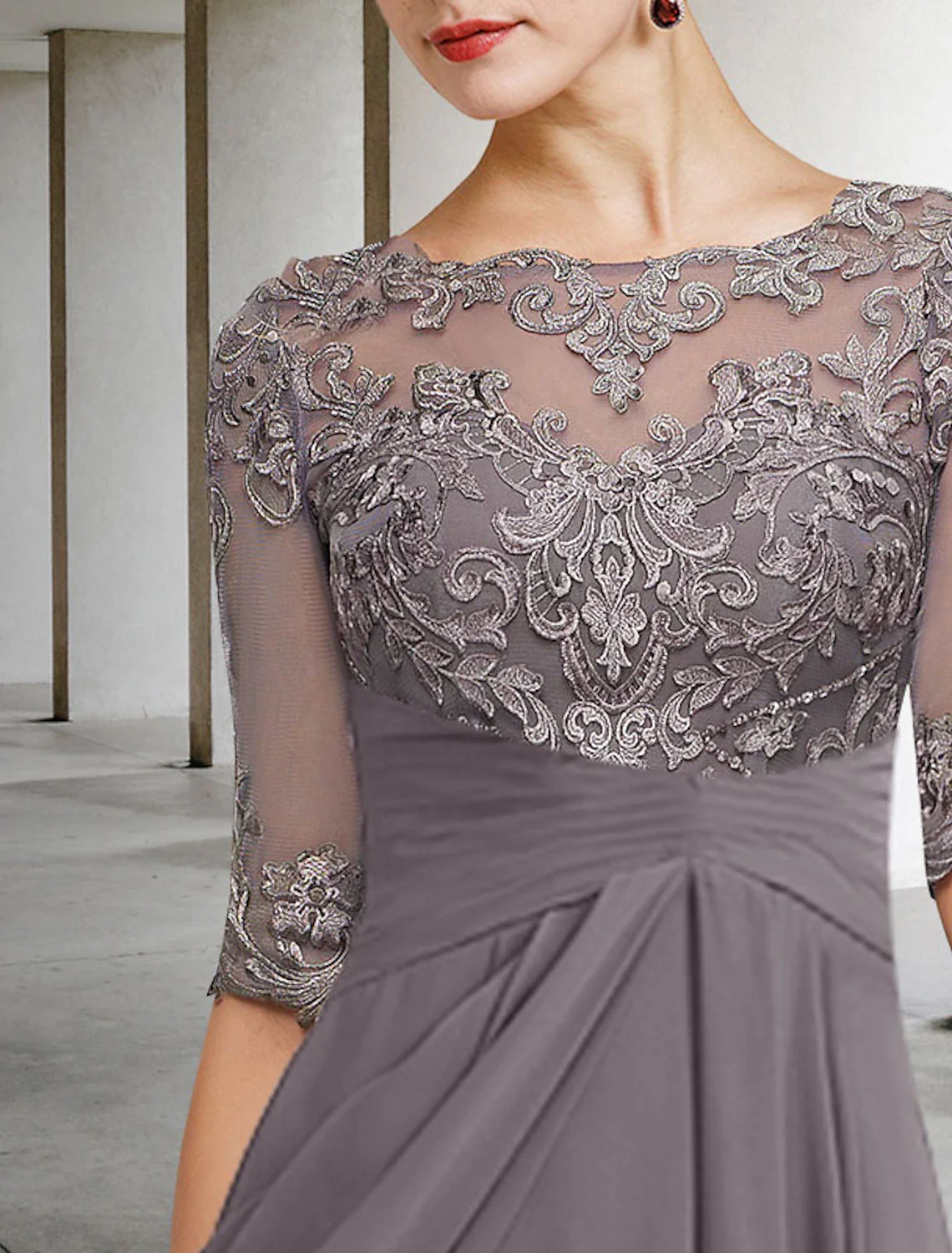 A-Line Mother of the Bride Dress Fall Wedding Guest Dresses Plus Size Elegant High Low V Neck Asymmetrical Ankle Length Chiffon Lace Half Sleeve with Beading Appliques - TREBLEV