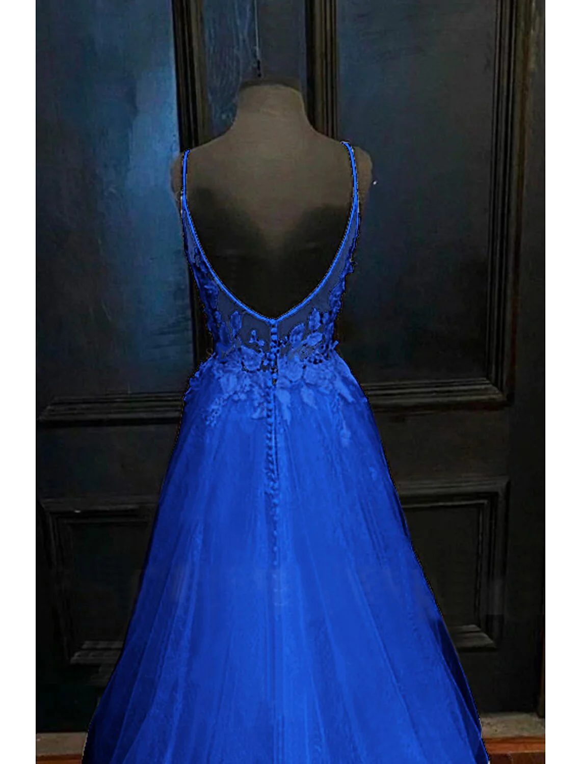 A-Line Prom Dresses Open Back Dress Formal Court Train Sleeveless V Neck Tulle Backless V Back with Beading Appliques - TREBLEV
