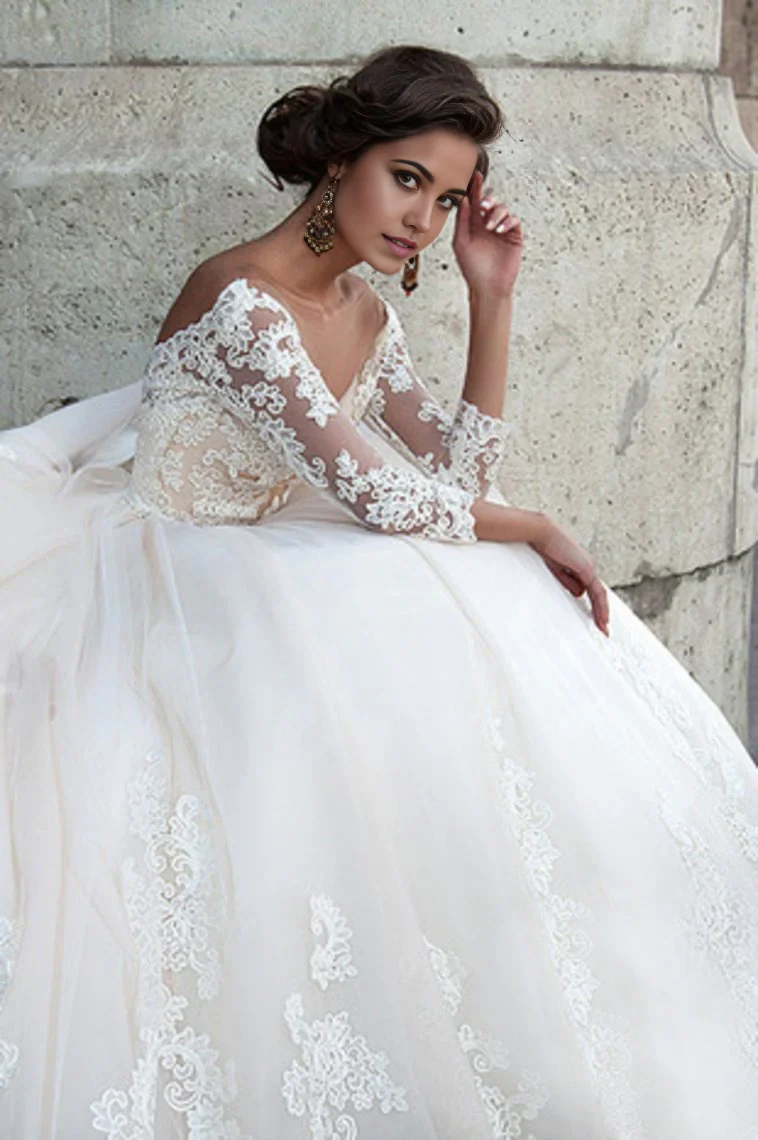 A-line Bateau 3/4 Length Sleeve Ball Gown Bride Dresses Wedding Dresses With Applique Tulle - TREBLEV