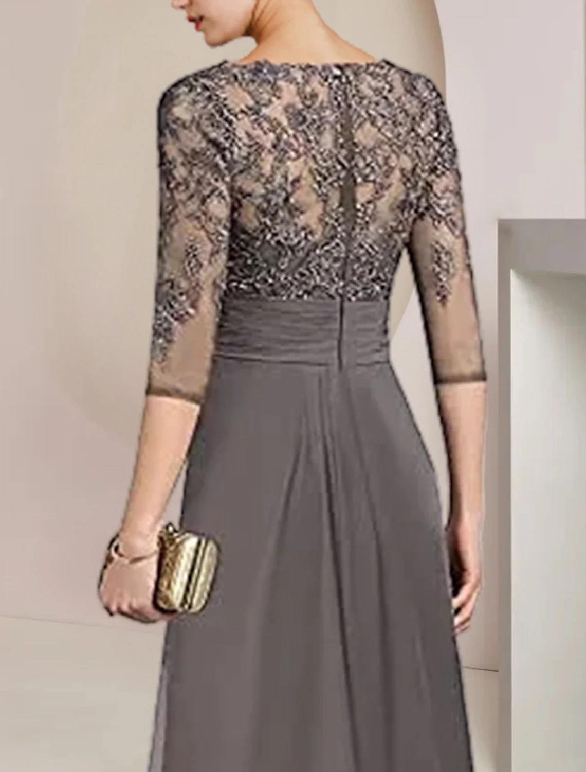 Two Piece A-Line Mother of the Bride Dress Formal Wedding Guest Elegant High Low V Neck Asymmetrical Tea Length Chiffon Lace 3/4 Length Sleeve Wrap Included with Ruched Appliques - TREBLEV