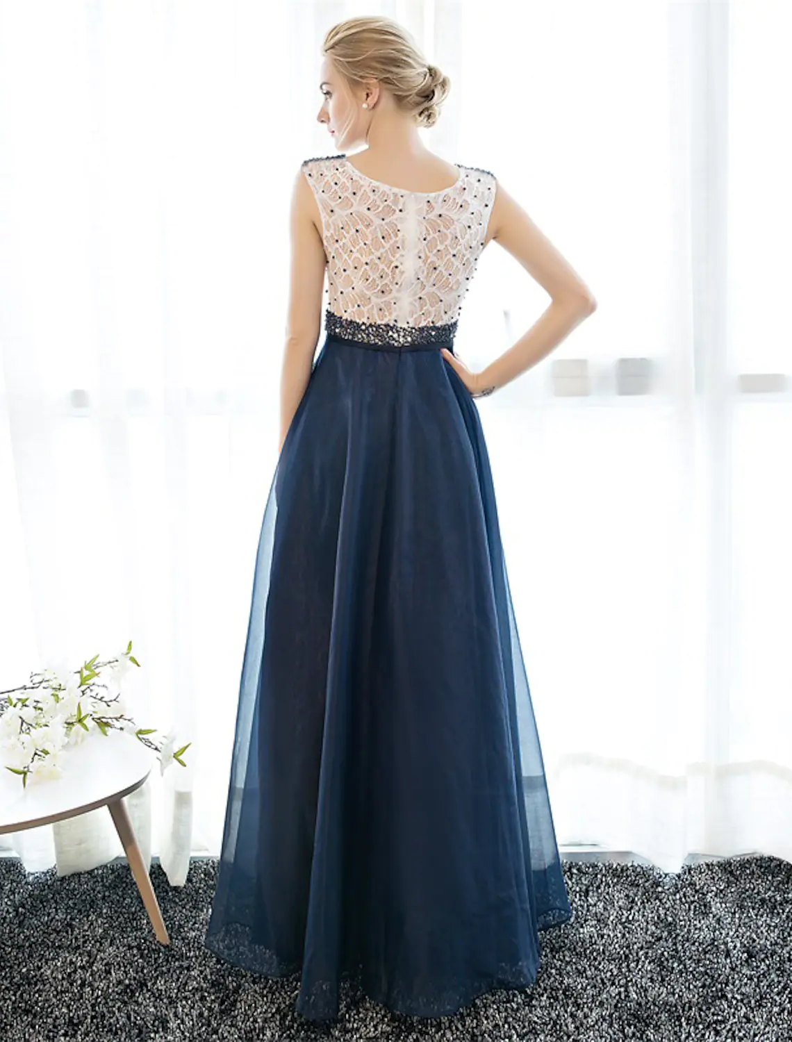 A-Line Elegant Beaded Sequin Prom Formal Evening Dress Sleeveless Floor Length Tulle Over Lace Beading - TREBLEV