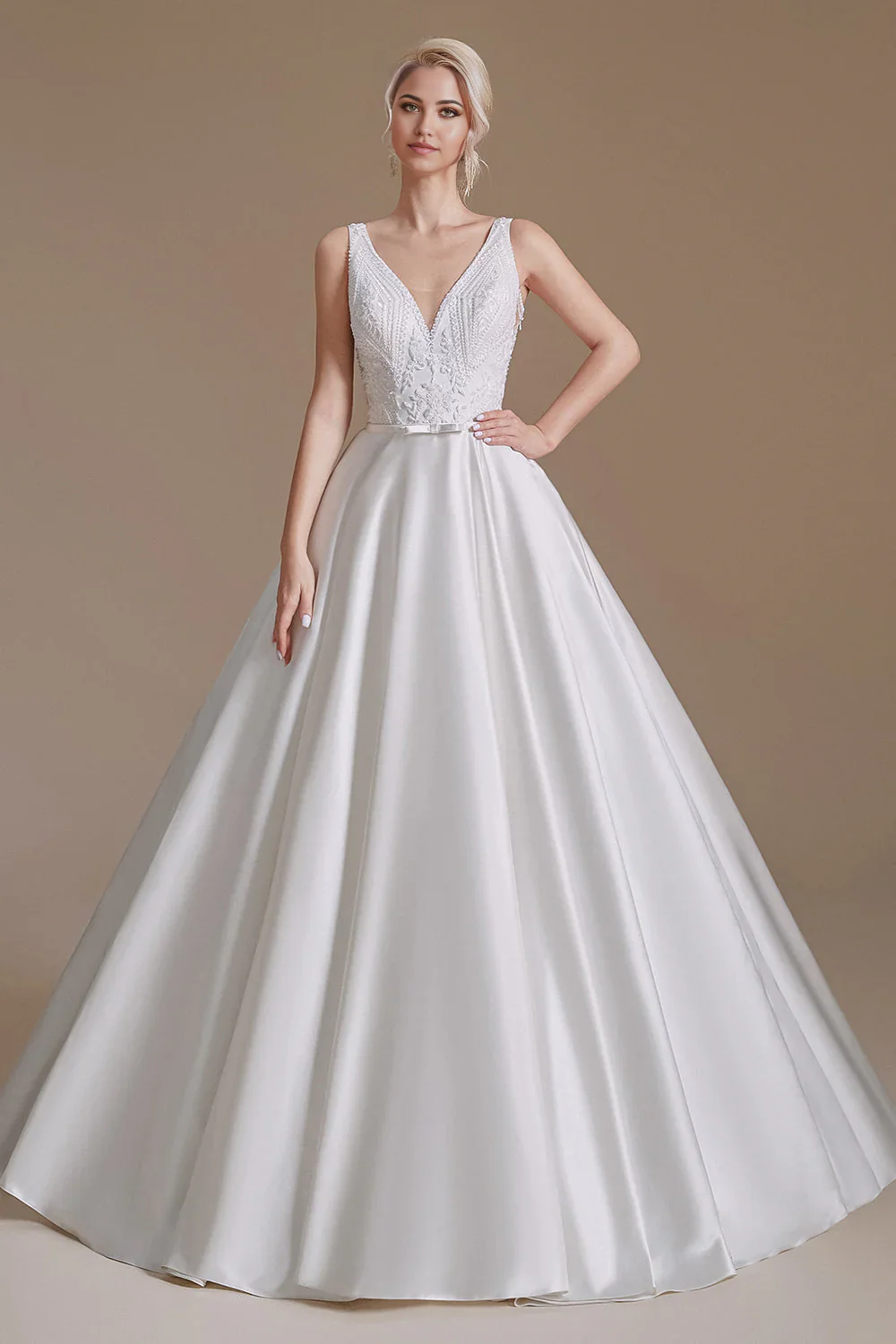 A-Line Elegant Sleeveless Stain Long Length Ball Gown Bride Dresses Wedding Dresses - TREBLEV