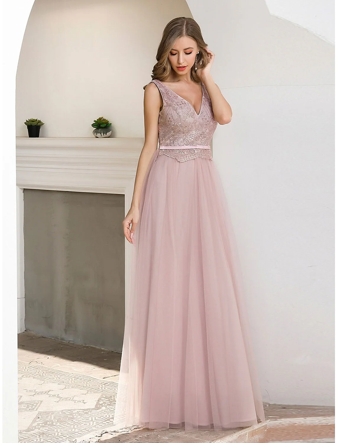 A-Line Evening Gown Elegant Dress Wedding Guest Floor Length Sleeveless V Neck Satin V Back with Sash Ribbon Sequin - TREBLEV