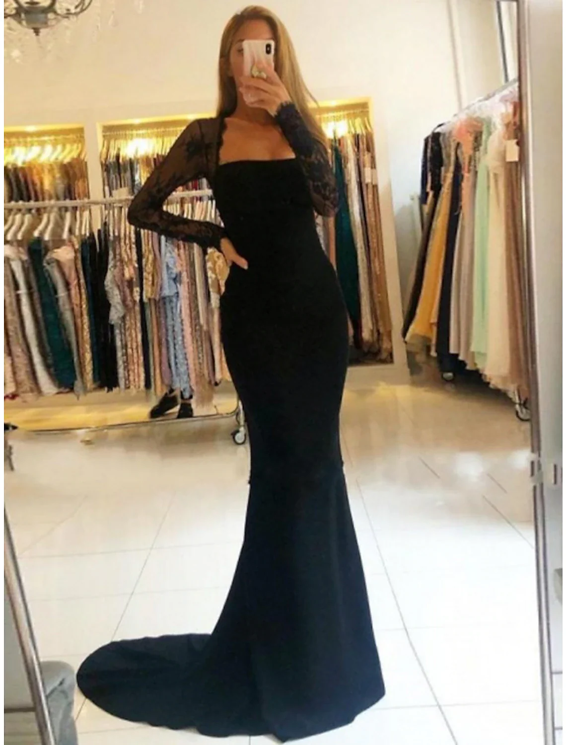 Mermaid / Trumpet Prom Dresses Open Back Dress Formal Court Train Long Sleeve Strapless Stretch Fabric Backless with Beading Appliques - TREBLEV