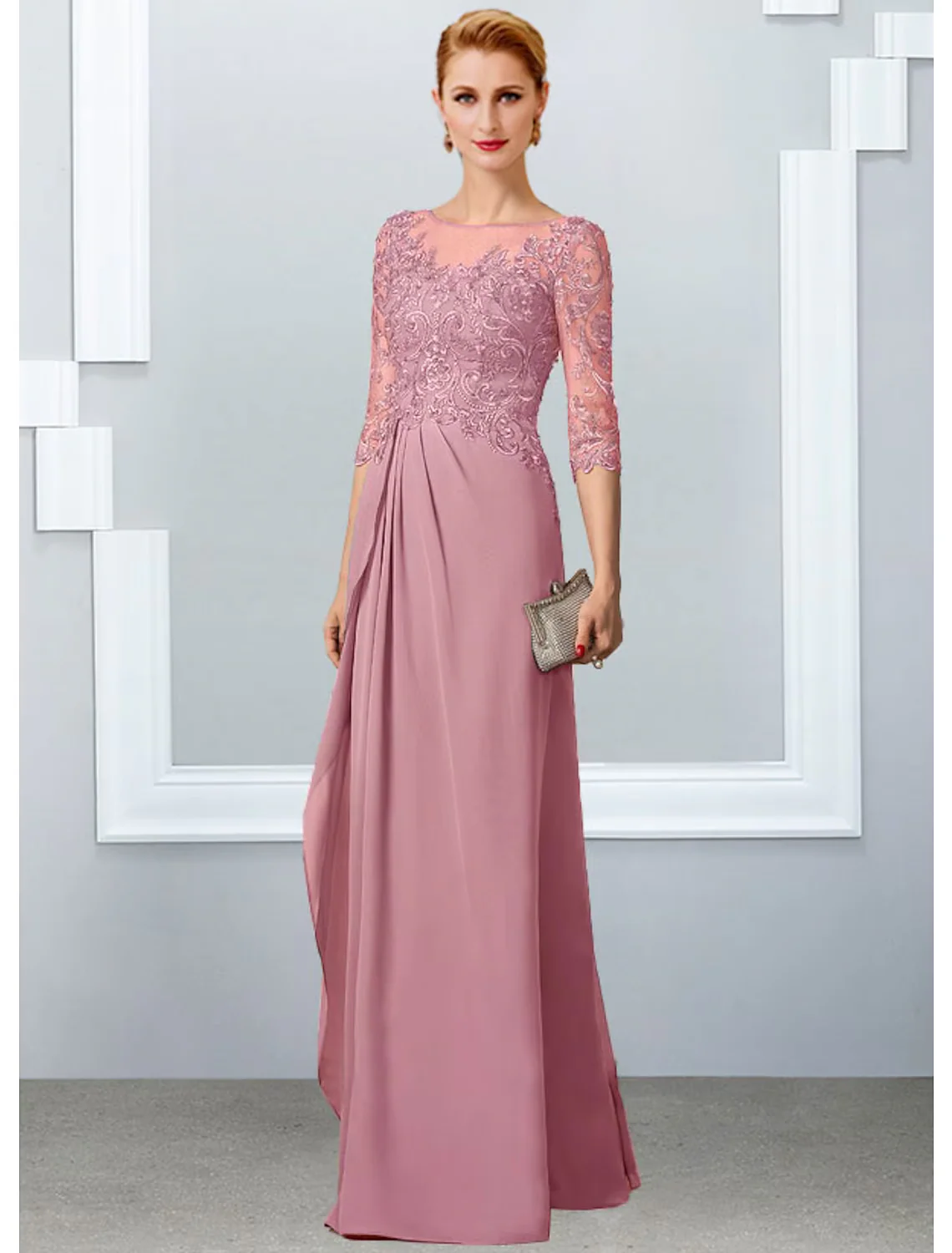 A-Line Mother of the Bride Dress Elegant Floor Length Chiffon Lace Half Sleeve with Appliques - TREBLEV