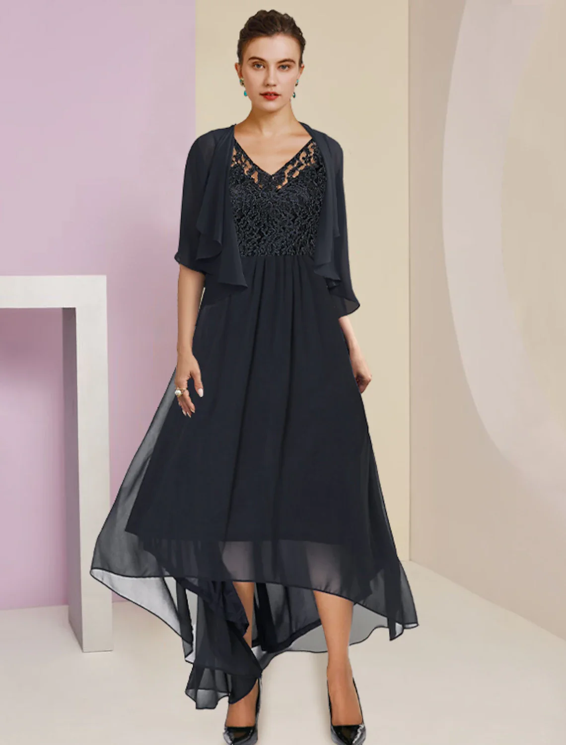 Two Piece A-Line Mother of the Bride Dress Formal Wedding Guest Elegant High Low V Neck Asymmetrical Tea Length Chiffon Lace Sleeveless Wrap Included with Pleats Appliques - TREBLEV