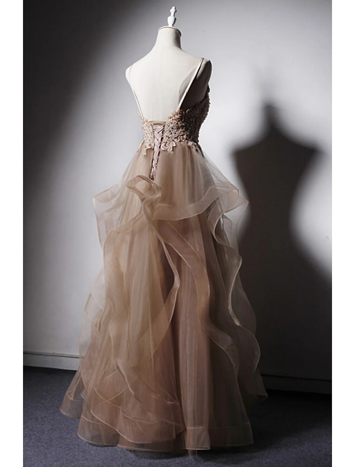 A-Line Prom Dresses Sexy Dress Formal Floor Length Sleeveless Spaghetti Strap Lace with Ruffles Appliques - TREBLEV