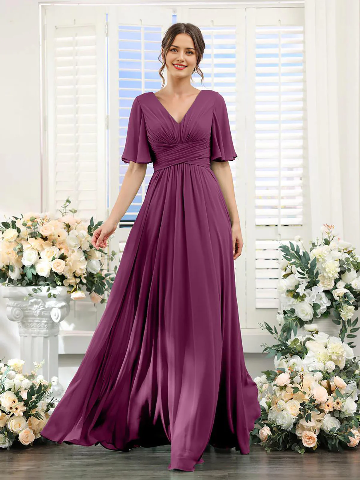 A-Line V Neck Sleeve Bridesmaid Dress for Wedding Guest Long Chiffon Party Dresses with Slit - TREBLEV