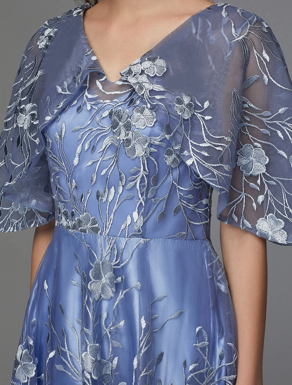 A-Line Floral Dress Wedding Guest Tea Length Sleeveless V Neck Lace V Back with Pattern / Print Appliques - TREBLEV