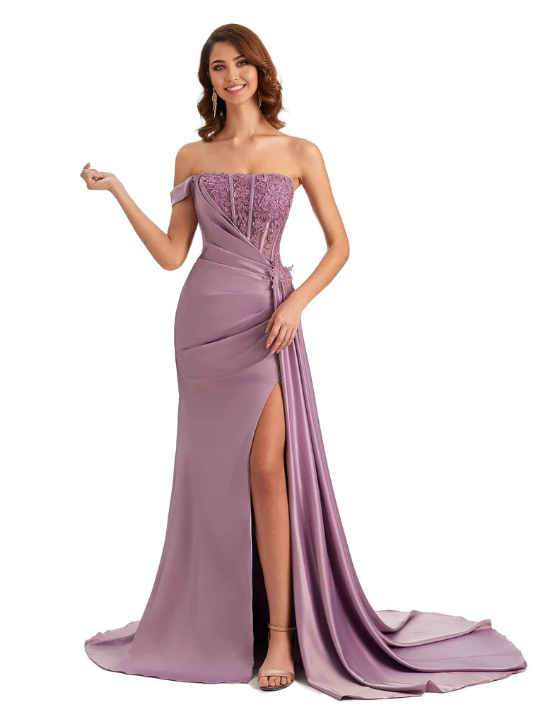 Mermaid Off Shoulder Applique formal dresses evening gown Bridesmaid Dresses With Side Slit - TREBLEV