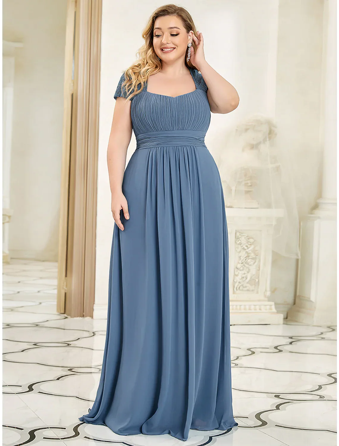 A-Line Evening Gown Plus Size Dress Wedding Guest Floor Length Short Sleeve Chiffon with Ruched - TREBLEV