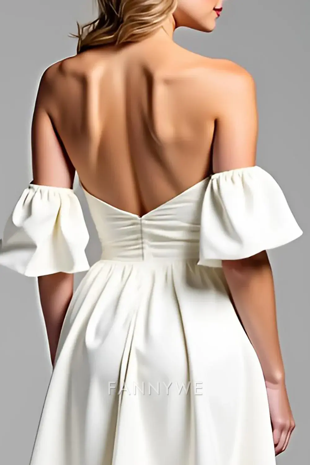 FannyWe Elegant A Line Off the Shoulder White Satin Short Graduation Dress - TREBLEV