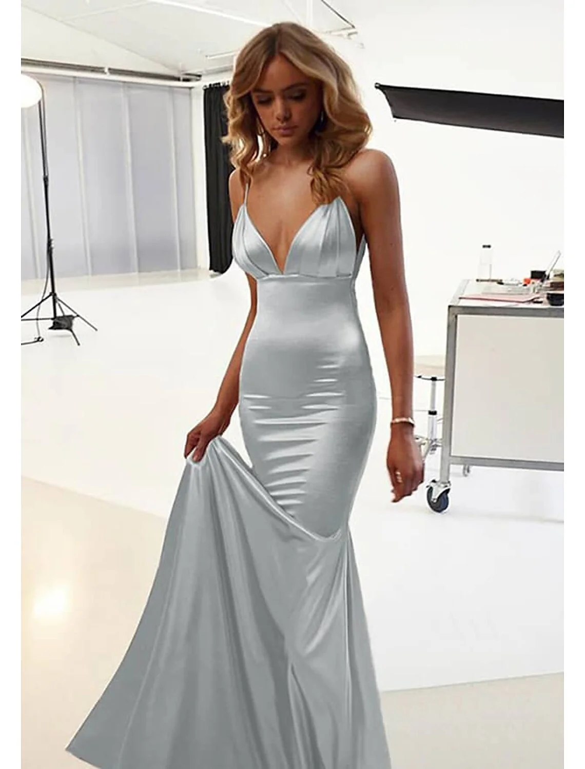 Mermaid / Trumpet Wedding Guest Dresses Sexy Dress Prom Floor Length Sleeveless Spaghetti Strap Cotton Backless with Ruched - TREBLEV